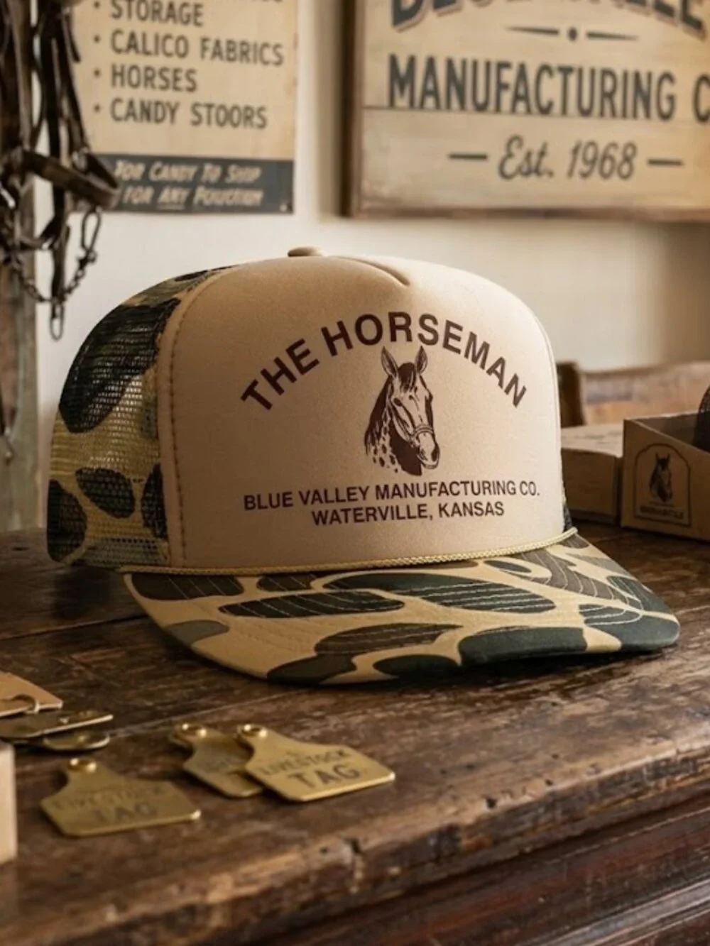 Retro The Horseman Kansas Mfg Duck Camo Foam Trucker Hat Tan Rope Cap Americana